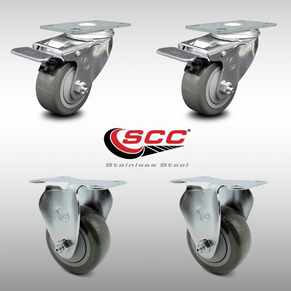 3 Inch SS Gray Polyurethane Top Plate Caster Lock Brake 2 Rigid SCC, 2PK
